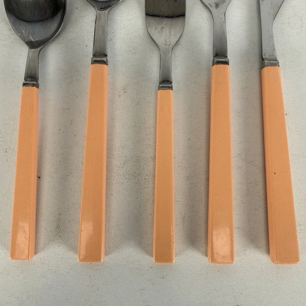 Vintage Anacapa Pink Melamine Stainless Silverware Serving Set of 5